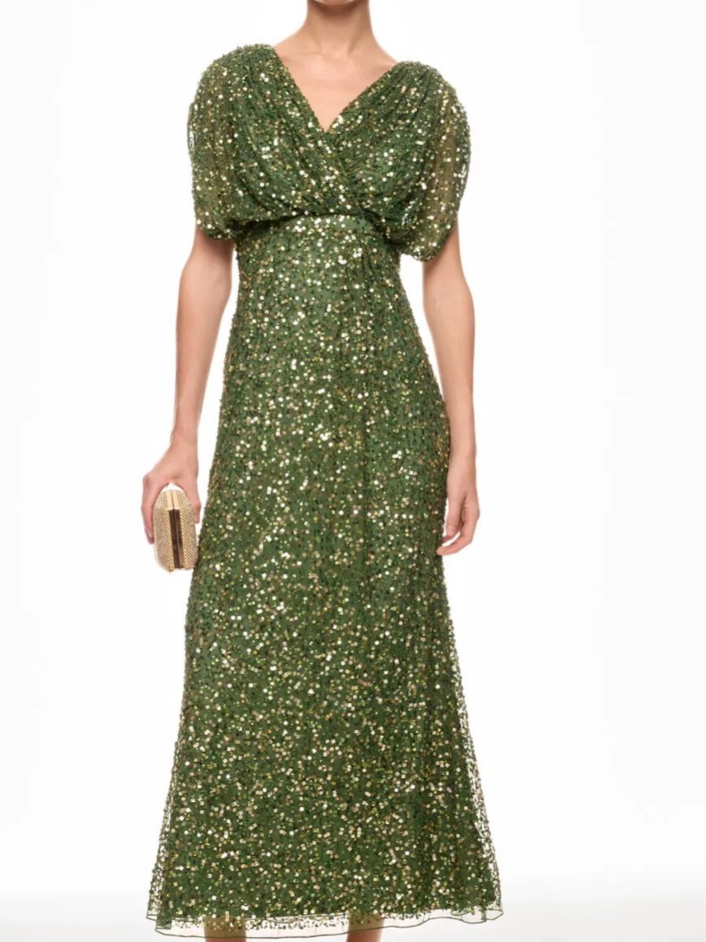 $498 Mac Duggal draped sleeve Green Sequin V-Neck Evening Gown Sz 0